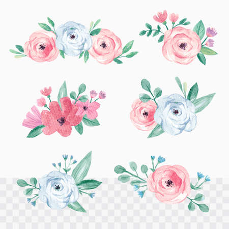 Set of watercolor leaves and flowers wreathのイラスト素材