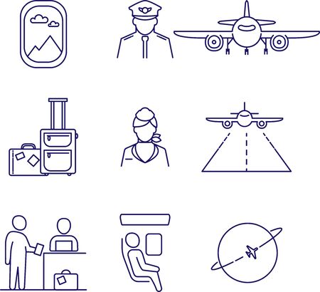 Set of aviation icons. Outline illustration. Vector icons of airplane, pilot, cabin crew.のイラスト素材