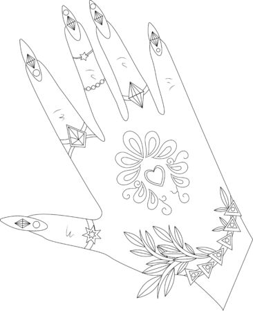Black and White Coloring Page Hand With Rings and Patterns. Coloring book with elements. のイラスト素材
