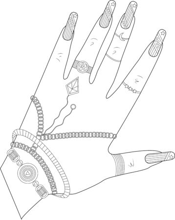 Black and White Coloring Page Hand With Ringsのイラスト素材