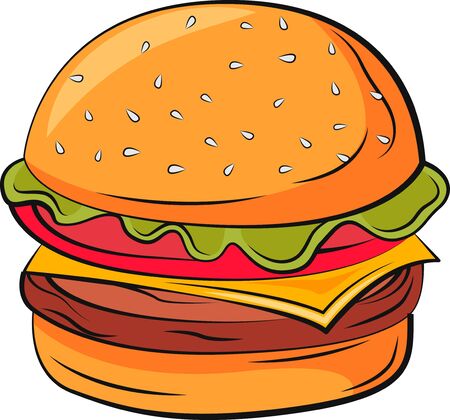 Burger vector illustration. Vector burger in vibrant colors. Food illustration.のイラスト素材