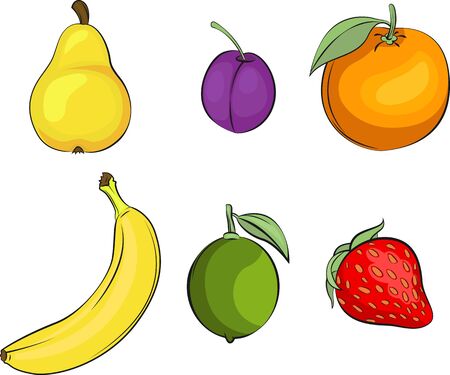 Vector illustration of fruits. Pear, plum, orange, banana, lime and strawberry vector illustration. Raw vegan food. Fresh fruits.のイラスト素材