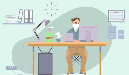 Work during the quarantine period. Office worker wearing protective mask. People using mask. Healthy workplace. Protect workplace. Sanitizeのイラスト素材