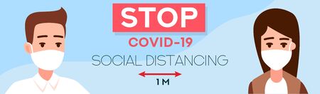Banners and headers for site Social distancing. Stop coronavirus. COVID-19. People wearing mask. People in medical protective mask. Web banner. Social media resource. Quarantine Novel coronavirus (2019-nCoV)のイラスト素材