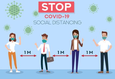 Banners and headers for site Social distancing. Stop coronavirus. COVID-19. People wearing mask. People in medical protective mask. Web banner. Social media resource. Quarantine Novel coronavirus (2019-nCoV)のイラスト素材
