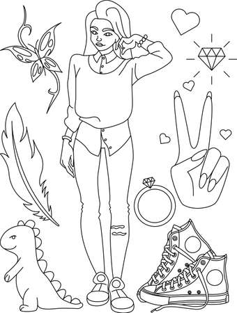 Coloring book page. Doodle outline vector illustration Of fashion girl with a lot of elements. Cute coloring doodle. Black and white line art. Coloring page for children. Girls coloring pagesのイラスト素材