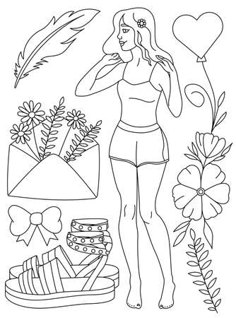 Coloring book page. Doodle outline vector illustration Of fashion girl with a lot of elements. Cute coloring doodle. Black and white line art. Coloring page for children. Girls coloring pagesのイラスト素材
