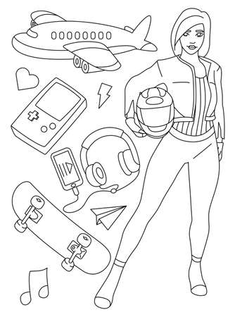 Coloring book page. Doodle outline vector illustration Of fashion girl with a lot of elements. Cute coloring doodle. Black and white line art. Coloring page for children. Girls coloring pagesのイラスト素材