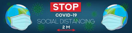 Social distancing. Stop coronavirus.COVID-19. Banners and headers for site. People wearing mask. People in medical protective mask. Web banner. Social media resource. Quarantineのイラスト素材