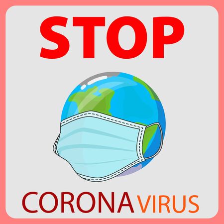 The Earth wears a mask. Stop coronavirus. Corona virus illustration.Covid-19. Corona virus attacking earth, globe wearing mask. Web banner. Social media resource.のイラスト素材