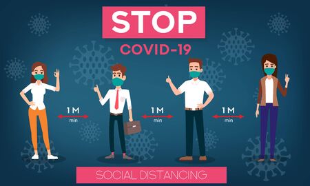 Social distancing. Stop coronavirus.COVID-19. Banners and headers for site. People wearing mask. People in medical protective mask. Web banner. Social media resource. Quarantineのイラスト素材