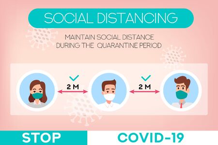 Social distancing banner. Stop coronavirus.COVID-19. People wearing mask. People in medical protective mask. Web banner. Social media resource. Quarantine Banners and headers for site.のイラスト素材