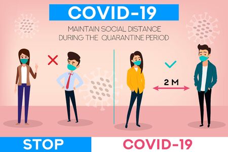 Social distancing banner. Stop coronavirus.COVID-19. People wearing mask. People in medical protective mask. Web banner. Social media resource. Quarantine Banners and headers for site.のイラスト素材
