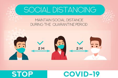 Social distancing banner. Stop coronavirus.COVID-19. People wearing mask. People in medical protective mask. Web banner. Social media resource. Quarantine Banners and headers for site.のイラスト素材