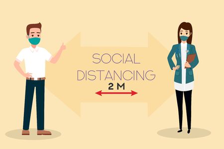 Social distancing banner. Doctor in mask. Stop coronavirus.COVID-19. People wearing mask. People in medical protective mask. Web banner. Social media resource. Quarantine Banners and headers for site.のイラスト素材