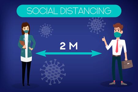 Social distancing banner. Doctor in mask. Stop coronavirus.COVID-19. People wearing mask. People in medical protective mask. Web banner. Social media resource. Quarantine Banners and headers for site.のイラスト素材