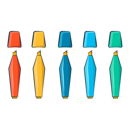 Marker pens. Highlighters with markings. School supplies isolated. Back to school theme. Flat vector illustration.のイラスト素材