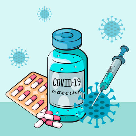Vaccination concept. Coronavirus Covid-19 vaccine. Ampoule, Syringe with vaccine. Vector illustration. Flat cartoon. Banner.のイラスト素材