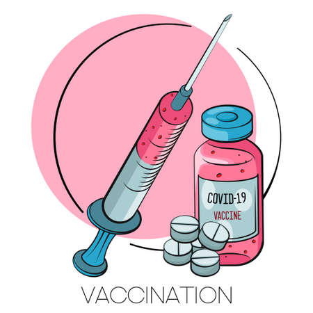 Vaccination concept. Vaccine. Ampoule, Syringe with vaccine. Vector illustration. Flat cartoon.のイラスト素材