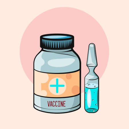 Vaccination concept. Vaccine. Ampoule, Bottle and ampule with vaccine. Vector illustration. Flat cartoon.のイラスト素材