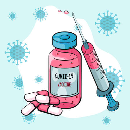 Vaccination concept. Coronavirus Covid-19 vaccine. Ampoule, Syringe with vaccine. Vector illustration. Flat cartoon. Banner.のイラスト素材