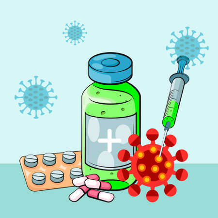 Vaccination concept. Coronavirus Covid-19 vaccine. Ampoule, Syringe with vaccine. Vector illustration. Flat cartoon. Banner.のイラスト素材
