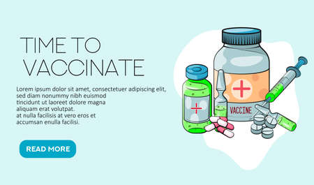 Time to vaccinate. Landing page template. Flat cartoon concept for web design. Vector illustration. Ampoule, Syringe with vaccine.のイラスト素材