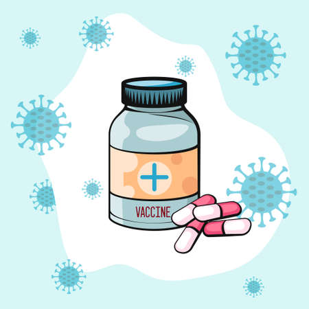 Vaccination concept. Coronavirus Covid-19 vaccine. Bottle, Pills, capsules with vaccine. Vector illustration. Flat cartoon. Banner.のイラスト素材