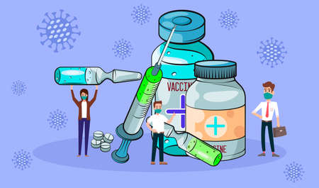 Vaccination concept. Coronavirus Covid-19 vaccine. Ampoule, Syringe with vaccine. Vector illustration. Flat cartoon. Banner.のイラスト素材