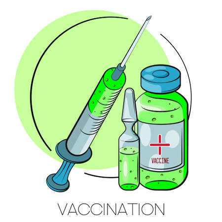 Vaccination concept. Vaccine. Ampoule, Syringe with vaccine. Vector illustration. Flat cartoon.のイラスト素材
