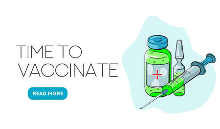 Time to vaccinate. Landing page template. Flat cartoon concept for web design. Vector illustration. Ampoule, Syringe with vaccine.のイラスト素材