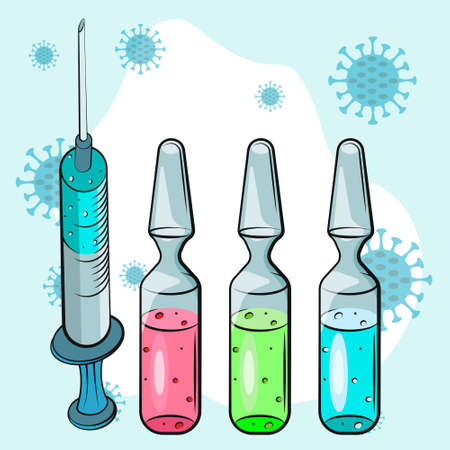 Vaccination concept. Ampoule, Syringe with vaccine. Vector illustration. Flat cartoon. Banner.のイラスト素材