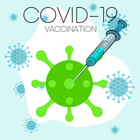 Vaccination concept. Coronavirus Covid-19 vaccine. Ampoule, Syringe with vaccine. Vector illustration. Flat cartoon. Banner.のイラスト素材