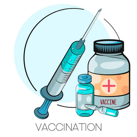 Vaccination concept. Vaccine. Ampoule, Syringe with vaccine. Vector illustration. Flat cartoon.のイラスト素材