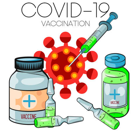 Vaccination concept. Coronavirus Covid-19 vaccine. Ampoule, Syringe with vaccine. Vector illustration. Flat cartoon. Banner.のイラスト素材