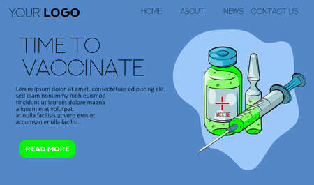Time to vaccinate. Landing page template. Flat cartoon concept for web design. Vector illustration. Ampoule, Syringe with vaccine.のイラスト素材