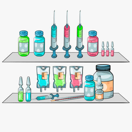 Shelf with medicines. Pharmacy shelf. Ampule, syringe, pills flat vector illustrationのイラスト素材