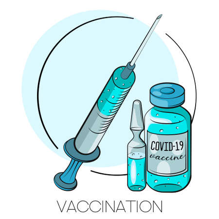Vaccination concept. Coronavirus Covid-19 vaccine. Ampoule, Syringe with vaccine. Vector illustration. Flat cartoon. Banner.のイラスト素材