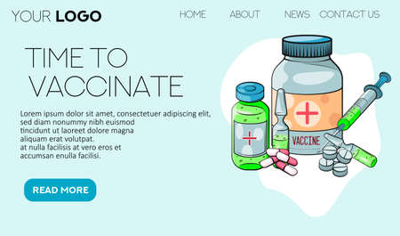 Time to vaccinate. Landing page template. Flat cartoon concept for web design. Vector illustration. Ampoule, Syringe with vaccine.のイラスト素材