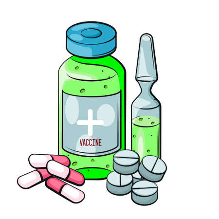Vaccination concept. Vaccine. Ampoule, Bottle, pills, drugs with vaccine. Vector illustration. Flat cartoon.のイラスト素材
