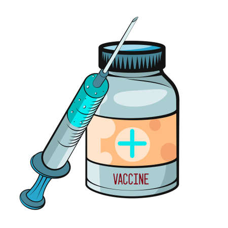 Vaccination concept. Vaccine. Ampoule, Syringe with vaccine. Vector illustration. Flat cartoon.のイラスト素材