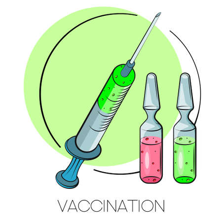Vaccination concept. Vaccine. Ampoule, Syringe with vaccine. Vector illustration. Flat cartoon.のイラスト素材