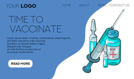 Time to vaccinate. Landing page template. Flat cartoon concept for web design. Vector illustration. Ampoule, Syringe with vaccine.のイラスト素材