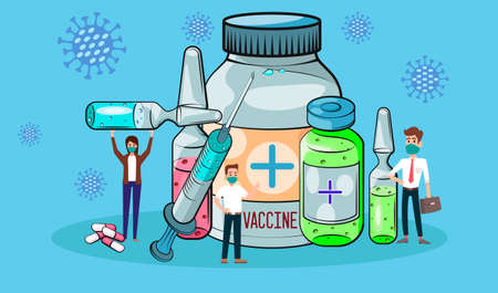 Vaccination concept. Coronavirus Covid-19 vaccine. Ampoule, Syringe with vaccine. Vector illustration. Flat cartoon. Banner.のイラスト素材