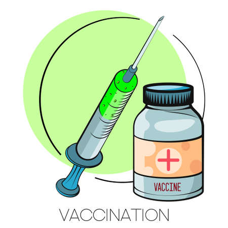 Vaccination concept. Vaccine. Ampoule, Syringe with vaccine. Vector illustration. Flat cartoon.のイラスト素材