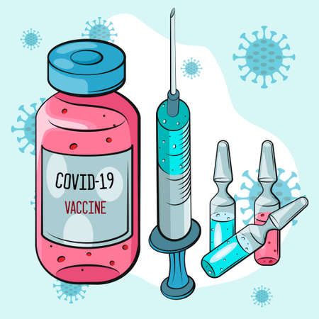 Vaccination concept. Coronavirus Covid-19 vaccine. Ampoule, Syringe with vaccine. Vector illustration. Flat cartoon. Banner.のイラスト素材