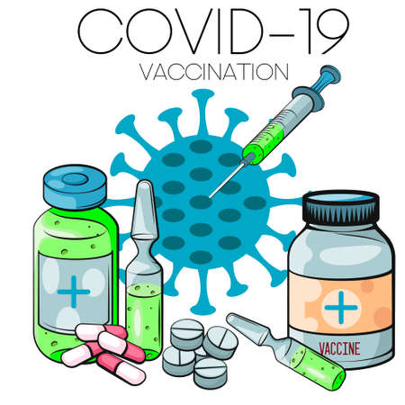 Vaccination concept. Coronavirus Covid-19 vaccine. Ampoule, Syringe with vaccine. Vector illustration. Flat cartoon. Banner.のイラスト素材