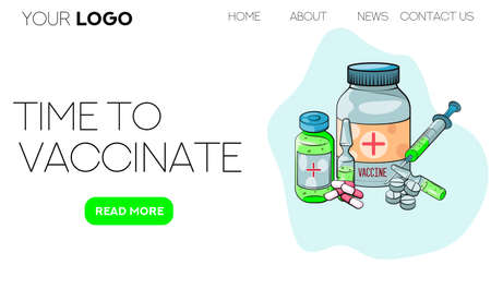 Time to vaccinate. Landing page template. Flat cartoon concept for web design. Vector illustration. Ampoule, Syringe with vaccine.のイラスト素材