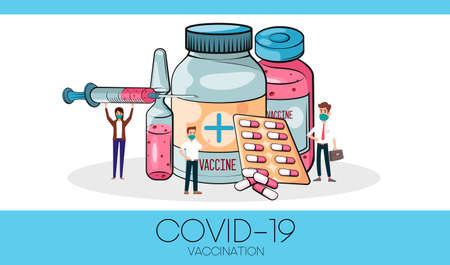 Vaccination concept. Coronavirus Covid-19 vaccine. Ampoule, Syringe with vaccine. Vector illustration. Flat cartoon. Banner.のイラスト素材