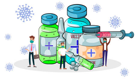 Vaccination concept. Coronavirus Covid-19 vaccine. Ampoule, Syringe with vaccine. Vector illustration. Flat cartoon. Banner.のイラスト素材